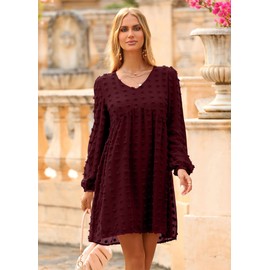 KIRUNDO Valentines Dress for Women 2024 Spring Summer Long Sleeve Mini Dress V Neck Flowy Casual Swiss Dot Loose Babydoll Dress(Wine Red, Large)