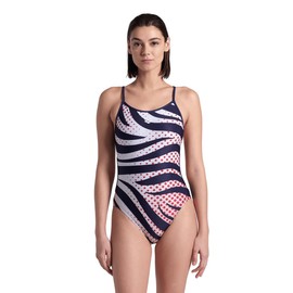 ARENA Women's Standard Performance Stripes Lace Back Swimsuit, Navy/White Multi Red
