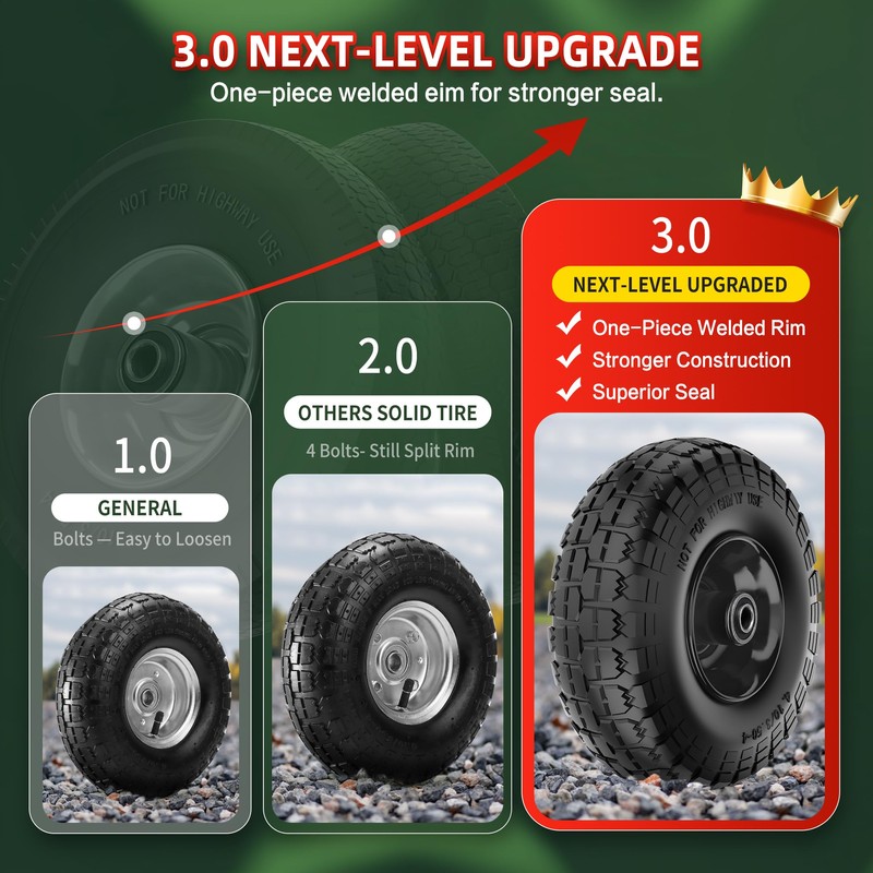 USCaster 4.10/3.50-4 Tire and Wheel Flat Free,10-Inch Solid Wheel Replacement
