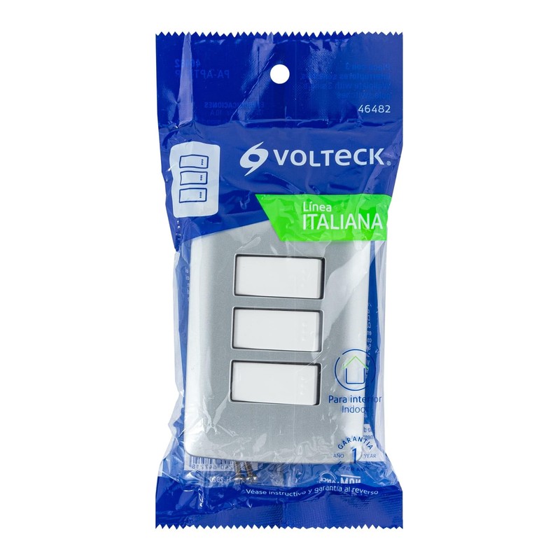Volteck PA-APTR-IP, Placa armada 3 interruptores sencillos color plata línea