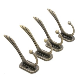 LXZ 4 PCs Antique Brass Wall Mounted Hooks – Vintage Dual Prong Wall Hooks - Hangers, Height 3.5-in (9 cm)