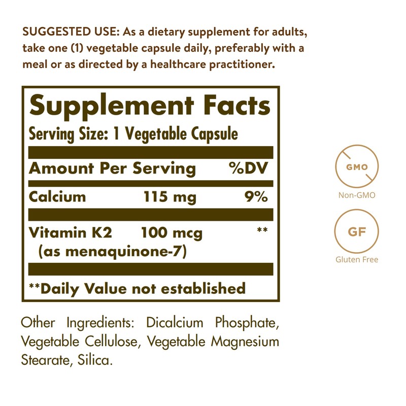 Solgar Natural Vitamin K2 (MK-7) 100 µg Vegetable Capsules -