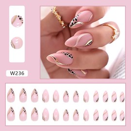 Leopard Print Press on Nails Medium Almond Fake Nails Gold Curve Stick on Nails Full Cover Pink False Nails Acrylic Glitter Glue on Nails Cute Swirl Nail Art Decorations for Women Girls Manicure 24Pcs