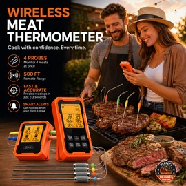 Wireless Meat Thermometer with 4 Probes for BBQ Cooking – Remote Grill Monitor with Smart Alerts & Timer