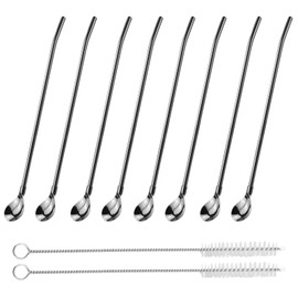 Pack of 10 Straws, Spoons, Straws, Spoons, Stainless Steel, Reusable Straw with 2 Cleaning Brushes, Suitable for Drinking, Milkshake, Smoothies, Milkshakes, Coffee