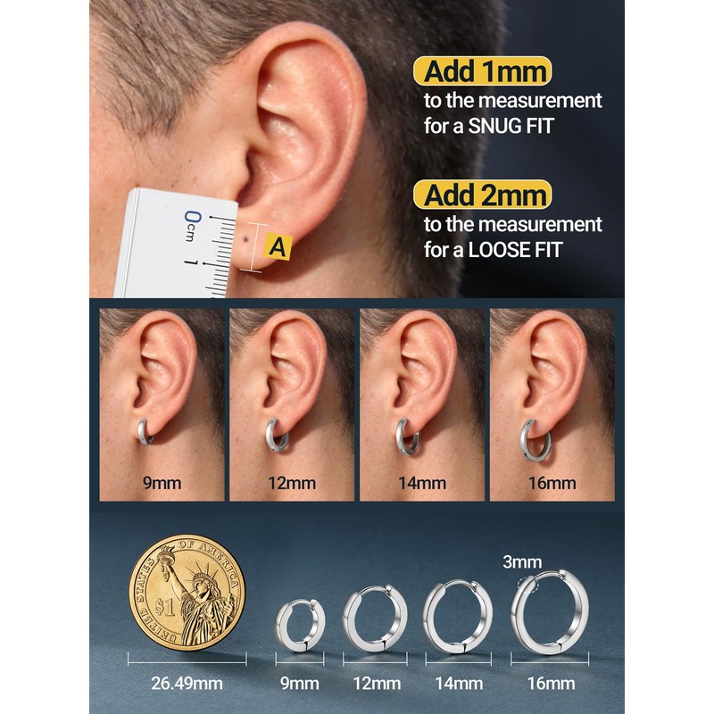 PROSTEEL Hoop Earrings for Men, 9mm Stainless Steel Small Silver