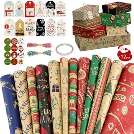 Yotako Christmas Wrapping Paper, 12 Different Patterns Christmas Wrapping Paper with 24 Pieces Christmas Gift Tags and Christmas Stickers, Wrapping Paper for Gift Wrapping (70 x 50 cm)