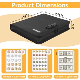 Coin Collection Book Supplies with Lock, Fireproof Money Collecting Album for Collector丨520 Coin Sleeve & 36 Currency Sleeve, Coin Holder for Collector, Collecting Supplies for Bill, Pennies,Quarters