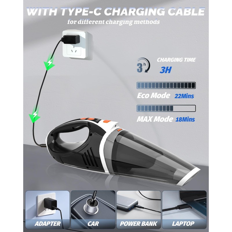Handheld Vacuum Cordless, 2 Modes with Powerful Suction, LED Light
