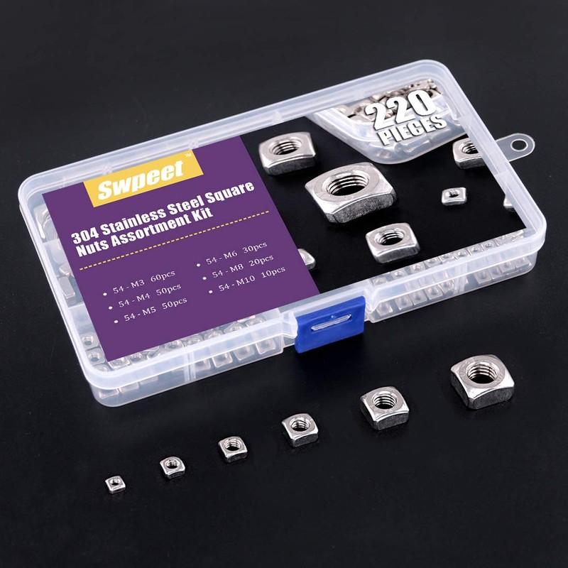 Swpeet 220Pcs 304 Stainless Steel 6 Sizes Metric Square Nuts