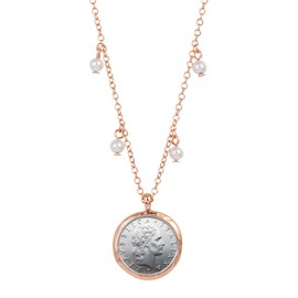 Italian 50 Lire Coin Pendant Necklace | Rosetone Glass Bead Cable Chain| 18 Inch 3 Inch Extender with Lobster Claw Clasp | Certificate of Authenticity