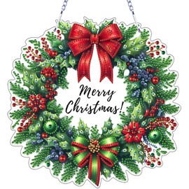 VODAPYC Christmas Wreath Diamond Art Hanging Kit for Adults, DIY Double Sided Special Shaped Diamonds Art Window Pendant Ornament for Home Decor(Christmas Wreath-1)