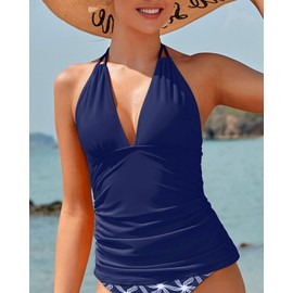 Yonique Parte superior de tankini halter para mujer, sin parte inferior, cuello en V, parte superior de natación con control de abdomen, Azul marino, XXL