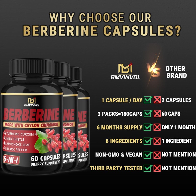 (3 Packs) Berberine Supplement Plus Ceylon Cinnamon, Milk Thistle, Turmeric,