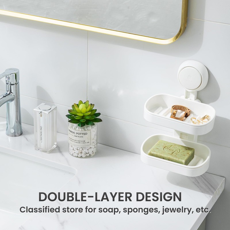 TAILI Double Layer Suction Soap Dishes for Bathroom, Max Hold