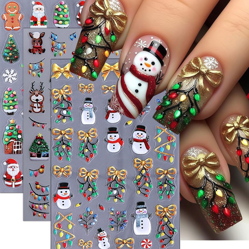 4Pcs Christmas Nail Stickers 5D Embossed Christmas Lights Xmas Tree
