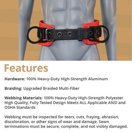 AFP Red & Black Heavy-Duty 3 D-Ring Aluminum Hardware, Premium Thick 8’’ Padded Back Support Waist Body Belt w/ Tongue Buckle & Premium Stitching, Fall Protection Work Positioning Restraint (OSHA/ANSI PPE)