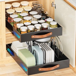 OVICAR Pull Out Cabinet Organizer - Adhesive Slide Out Drawer - 13.8" W x 16.3" D Heavy Duty Sliding Pantry Shelves Storage Drawers with 4pcs Divider Racks for Kitchen Bathroom Home, Black