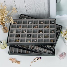JACKCUBE DESIGN 40 Compartments Stackable Synthetic Leather Jewelry Tray Earring Necklace Bracelet Ring Organizer Display Storage Box(Set of 1, Black, 16 x 9.6 x 1.6 inches)- :MK212-3A