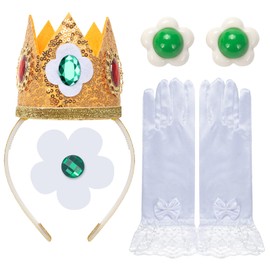 GHGMAO 4 Pcs Princess Daisy Crown Accessories Kit for Women Girls, Include Flower Crown Brooch Earrings Gloves, Dress Up Accessories for Kids