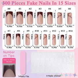 LuckForever 300Pcs Brown Heart-shaped Pattern Press On Nails Square Medium Press on Nail Square Fake Nail French Nail Tip Full Cover Acrylic Artificial False Nail Tips Stick Glue on Nail for Women