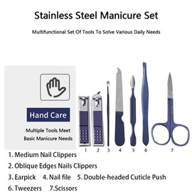 7-Piece Stainless Steel Nail Clippers Manicure Pedicure Set, Nail Scissors and Eyebrow Care Kit Nail Care Tools Nail Case with Storage Box (Blue)