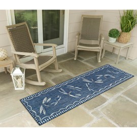 Liora Manne Carmel Indoor/Outdoor Power Loomed Synthetic Blend Low Profile Area Rug - Transitional Border Garden Nature Decorative (Dragonfly Navy) (1'11" x 4'11")