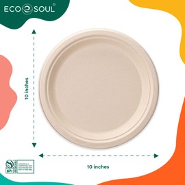 ECO SOUL 100% Compostable 10 Inch Paper Plates [100-Pack] Disposable Party Plates I Heavy Duty Eco-Friendly Sturdy Dinner Plates Disposable I Biodegradable Unbleached Sugarcane Eco Plates