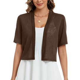 Heymoments Women's Thin Shrugs for Dresses Coffee Small Open Front Short Sleeve Lightweight Coat Cropped Tops Shawls and Wraps Cardigan Dressy Clothes