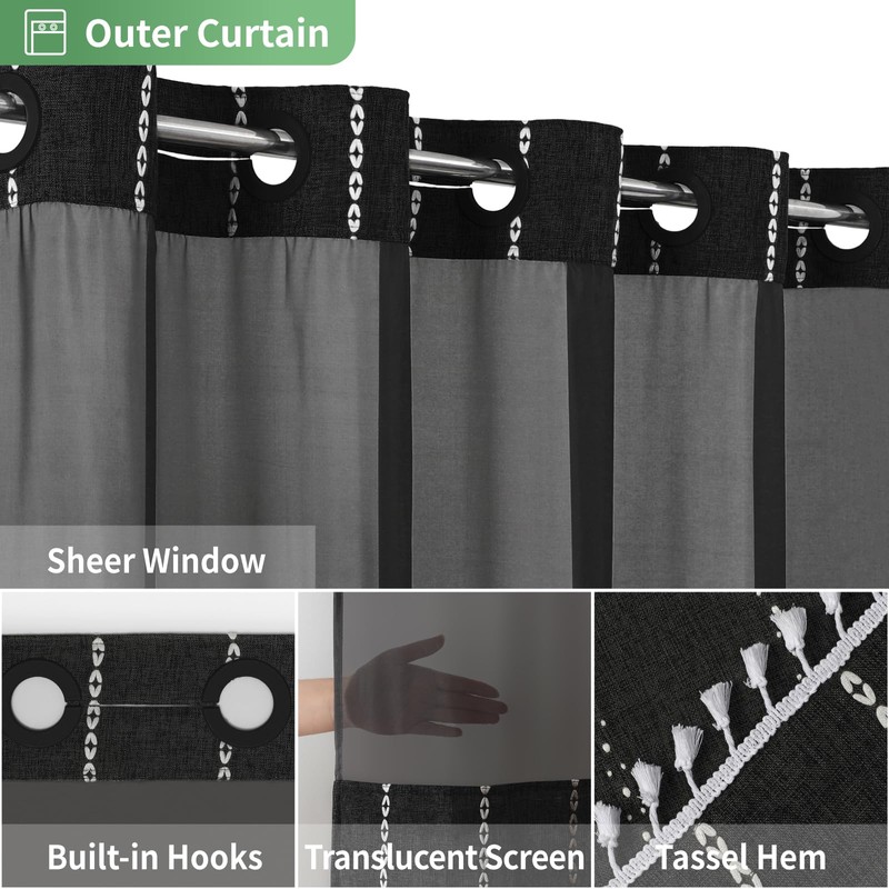 eachope No Hook Long Shower Curtain Set with Snap-in Fabric