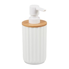 Relaxdays Soap Dispenser, Round, Modern, Refillable, Pump Head, Bamboo & Plastic, Bathroom Liquid Soap Dispenser, White/Natural, 17 x 7.5 x 7.5 cm