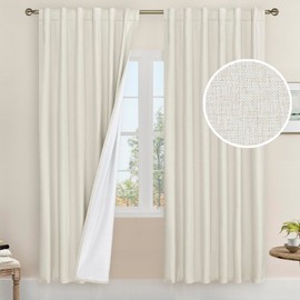 LAMIT Ivory 100% Blackout Linen Curtains, 72 Inch Linen Textured Living Room Farmhouse Curtains Room Darkening Back Tab and Rod Pocket Burlap Neutral Panels with White Liner, 2 Panels, 52 x 72 Inch