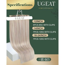 Ugeat Clip in Hair Extensions Real Human Hair Ash Blonde 20 Inch Human Hair Extensions Clip in Bleach Blonde Highlight for Women Straight 120G #18/613