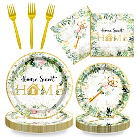 96PCS House Warming Party Decorations Home Sweet Home Party Tableware Set Rustic Floral Paper Plates Housewarming Plates Napkins Dinnerware for Welcome New House Wedding Party Supplies, Serves 24