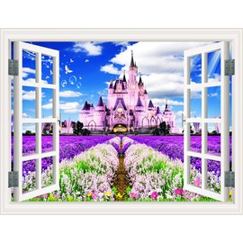 THNWSY 3D Self-Adhesive Painting Fake Window Wall Stickers Tropical Island with Palm Trees Wall Mural Window View Wall Decor for Home (17.3"×27.6", Castle)
