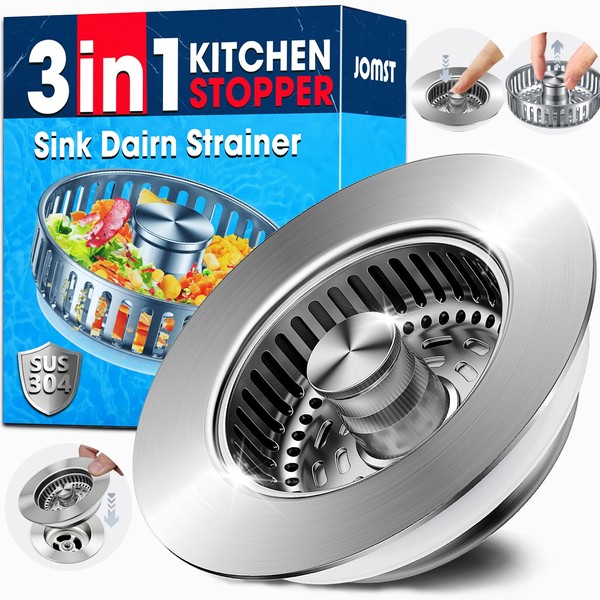 3-in-1 Stainless Steel Kitchen Sink Drain Strainer with Anti-Clog Basket,