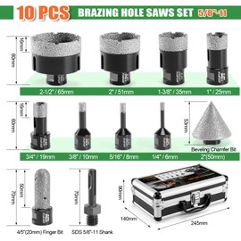 Diamond Hole Saw Kit Tile Drill Bits, 11 PCS Diamond Core Drill Bits Set 6/8/10/19/25/35/51/65mm+50mm Chamfer Saw +20mm Finger Bit+SDS Adapter Porcelain Hollow Drill Hole Saw for Ceramic, Granite