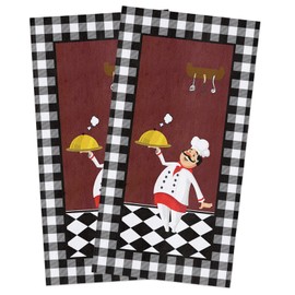 Dish Towels for Kitchen, Hand Towel Cleaning Cloths Cartoon Fat Chef Food Utensils Absorbent Fast Drying Dish Rags, Dark Maroon Buffalo Grid Bathroom Cloth Set of 2 with Hanging Loop