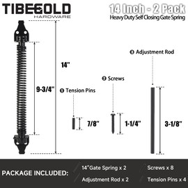 TIBEGOLD 14" Gate Spring Self Closing, Heavy Duty Black Door Closer Spring, Adjustable Tensioner Automatic Outdoor Gate Closure, Gate Spring Hardware for Wooden and Vinyl Fence, 2 Pack