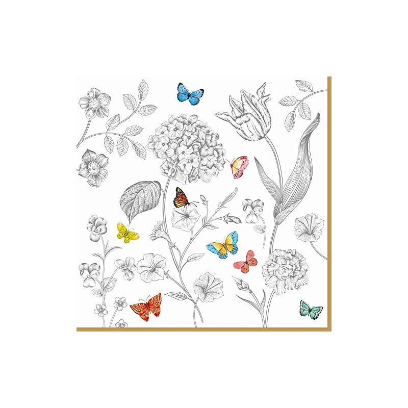 20 Napkins Colourful Butterflies on Colourless Flowers Black White Spring