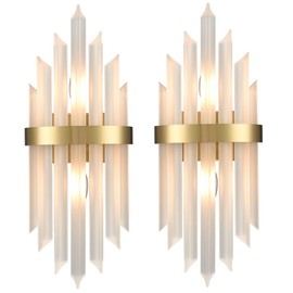 HOLKIRT Modern Gold Wall Sconces Set of Two Crystal Wall Sconce 2-Light Wall Light Fixtures for Living Room Bedside Hallway Stairway Kitchen with Frosted Glass,E12 Base