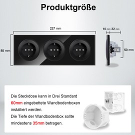 CNBINGO Triple Socket Flush-Mounted with Claws - Glass Schuko Socket with Child Lock - 16 Amp Protective Contact Wall Socket - Black