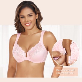 DotVol Women's Large Sizes Bra Full Cup Unpadded U-Back Bra with Wide Straps Floral Lace Bra Soft Cup Bra, pink, 75E