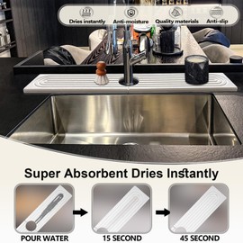 HUHAYUYA Stone Faucet Mat For Kitchen Sink, 15.7" Long Kitchen Faucet Absorbent Mat, Kitchen Sink Splash Guard Stone, Super Absorbent, Diatomite Faucet Mat For Bathroom Counter (White)