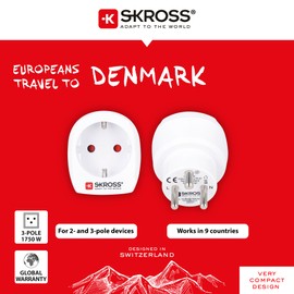 SKROSS Travel Plug with USB – Germany to Denmark – Travel Adaptor for Devices with Schuko or Euro Plug in Denmark
