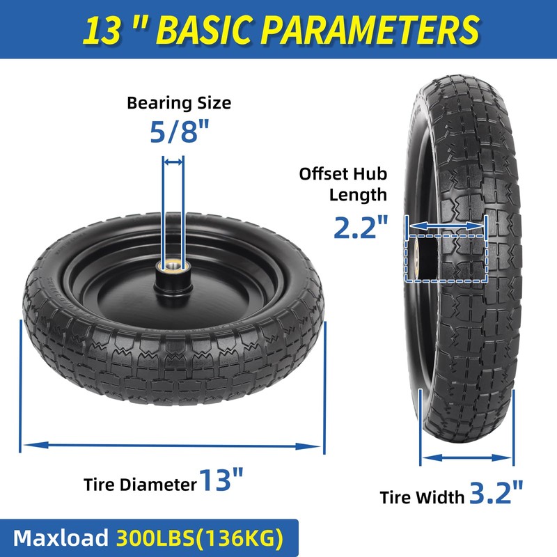 4.00-6 Flat-free Solid Tire and Wheel Replacement, 13" Wheelbarrow Tires