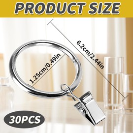 30PCS Curtain Rod Ring Clips, Curtain Rings With Clips, Rustproof Metal Drapery Ring with Clips Hook, for Curtains and Rods, 32mm Sliding Eyelet Curtain Rings for Window Rod Shower Curtains (Silver)