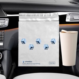 Sheebo Modern Plastic Mini Wastebasket Trash Can with Lid for Car with 12pcs Stick-On Adhesive Disposable Car Trash Bag (Khaki&12pcs)