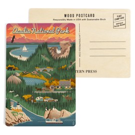 Acadia National Park, Maine, Retro View (4x6 Birch Wood Postcards, 2-Pack Stationary, Rustic Home Wall Decor)
