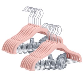 ManGotree 11.8'' Baby Velvet Hangers with Movable Clips, Non-Slip Kids Clothes Hangers, Ultra-Thin Space-Saving Children's Felt Hangers for Shirts, Pants, Dresses, Skirts, Jackets (16 Pack, Pink)